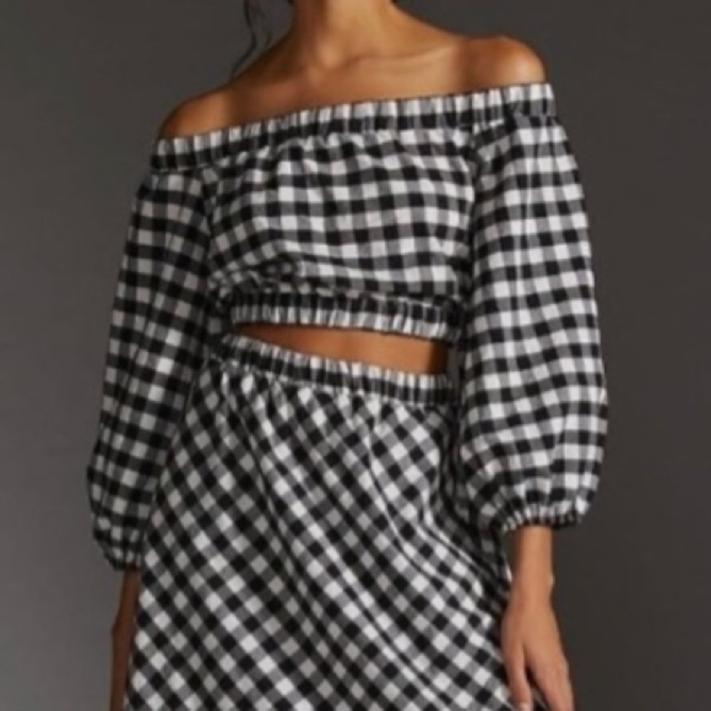 Maeve Anthropologie gingham off shoulder puff sleeve black and white top